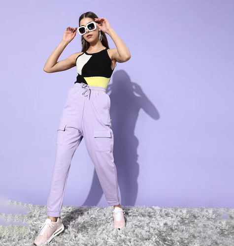 Women Lavender Solid High Rise Casual Track Pants